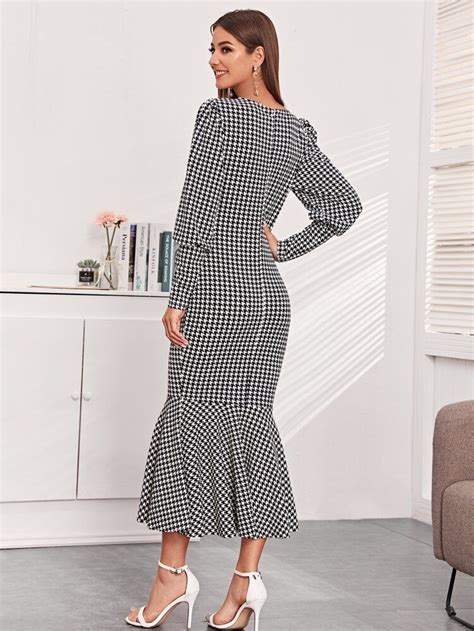 Shein Notched Collar Leg Of Mutton Sleeve Grid Mermaid Dress