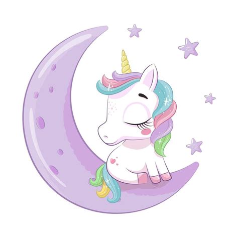 Lindo Bebé Unicornio Sentado En La Luna Ilustración De Dibujos