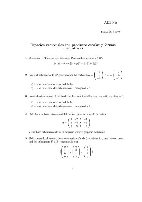 Bolet N De Ejercicios Tema Lgebra Lineal Algebra Curso