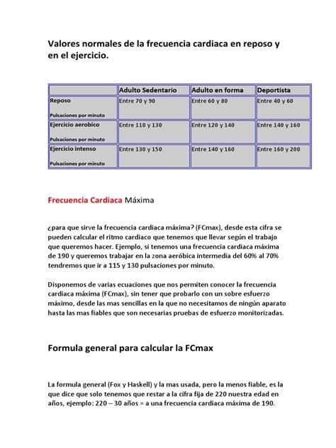 Valores Normales De La Frecuencia Cardiaca En Reposo Y En El Ejercicio Pdf Corazón