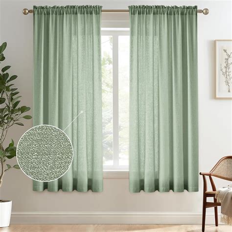 Sage Green Semi Sheer Curtains 63 Inches Long For Living Room Linen Texture Bedroom Privacy