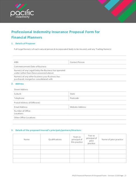 Fillable Online Pacific Indemnity Professional Indemnity Proposal Form