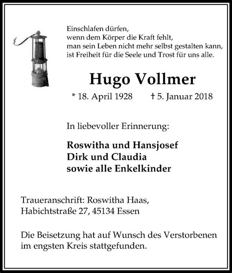 Traueranzeigen Von Hugo Vollmer Trauer In NRW De