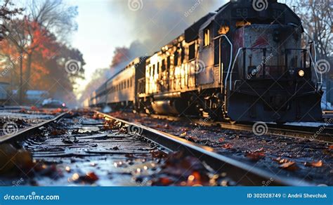 Train On The Tracks In The Autumn Forest Steam Locomotive Stock