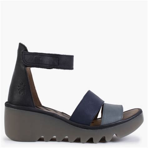 Fly London Bono Grey Slate Blue Black Leather Low Wedge Sandals