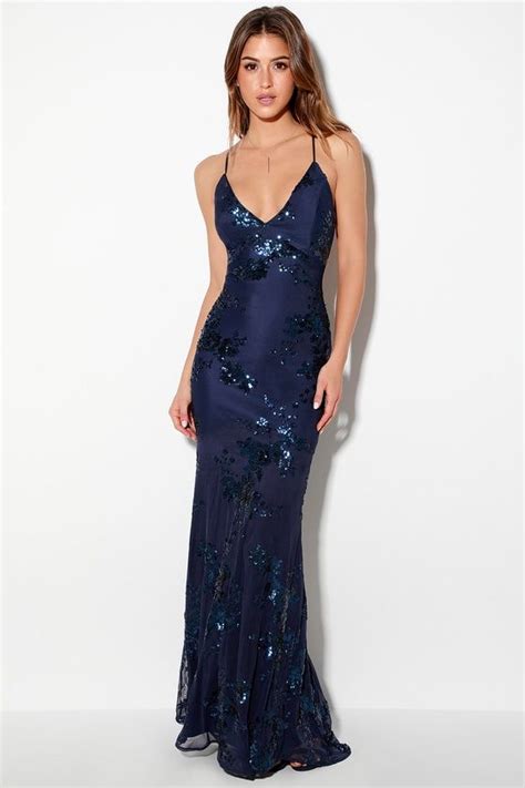 Valhalla Navy Blue Sequin Lace Up Maxi Dress Prom Dresses Blue Cute