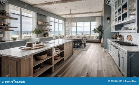 Interior Deisgn Of Kitchen In Coastal Style With Ocean View Stock