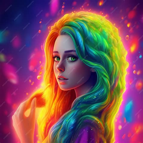 Premium Photo A Close Up Of A Woman With Long Hair And A Rainbow Colored Wig Generative Ai