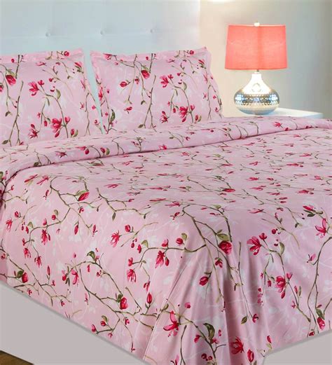 Buy Pink Floral 186 Tc 100 Cotton Queen Sized Bed Sheets With 2 Pillow