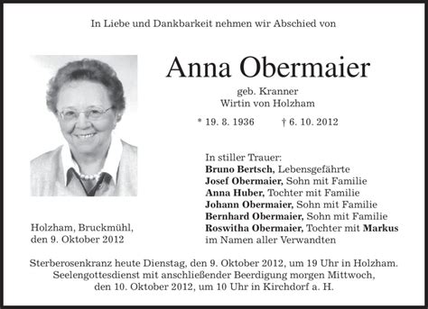 Traueranzeigen Von Anna Obermaier Trauer Merkur De