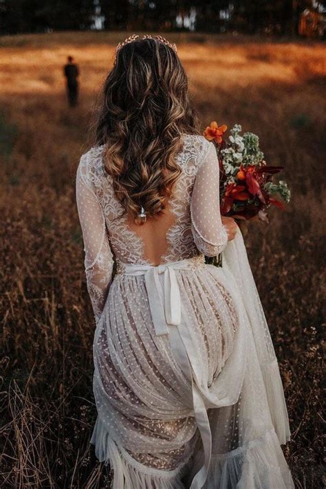 Polka Dot Long Sleeve Boho Wedding Dresses Lace Bohemian Backless