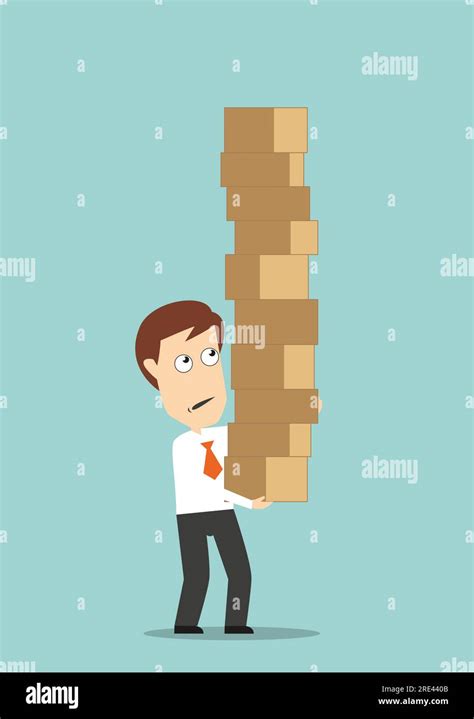 Overburdened Businessman Carrying A High Stack Of Cardboard Boxes For