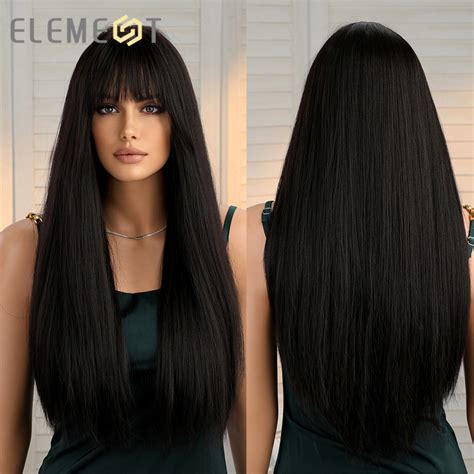 Element Long Silky Straight Hair Wigs With Bangs For Black Women Daily Party Wig Ebay