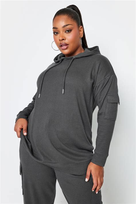 Yours Plus Size Charcoal Grey Ribbed Cargo Hoodie Yours Clothing