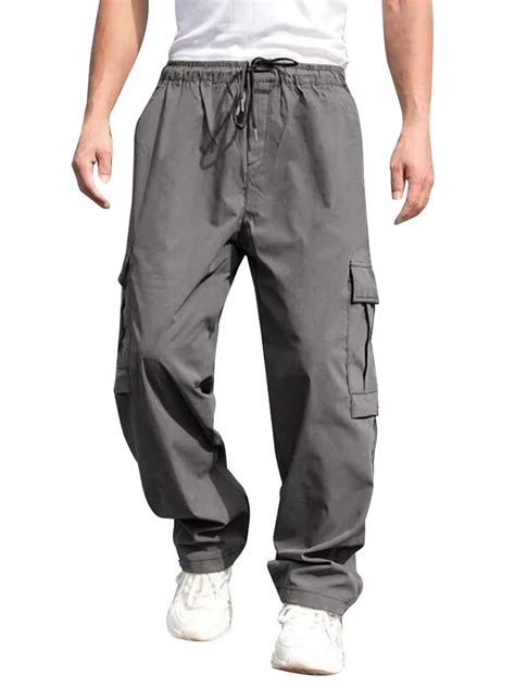 Tsseiatte Mens Cargo Long Pants Solid Color Drawstring Waist Straight