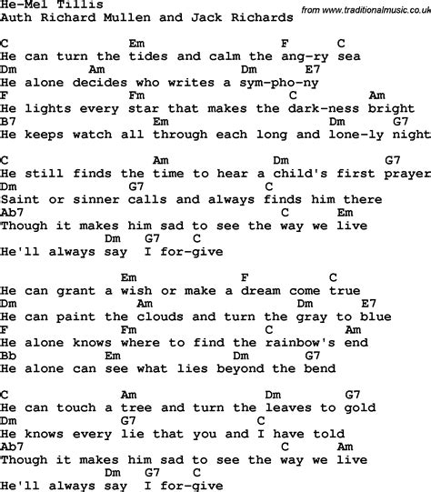 Country Southern And Bluegrass Gospel Song He Mel Tillis Lyrics With Chords