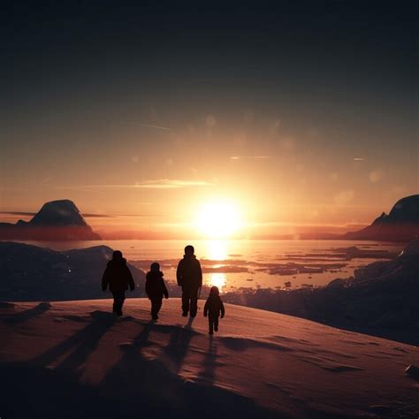 Una Familia Camina Sobre Una Monta A Nevada Al Atardecer Foto Premium