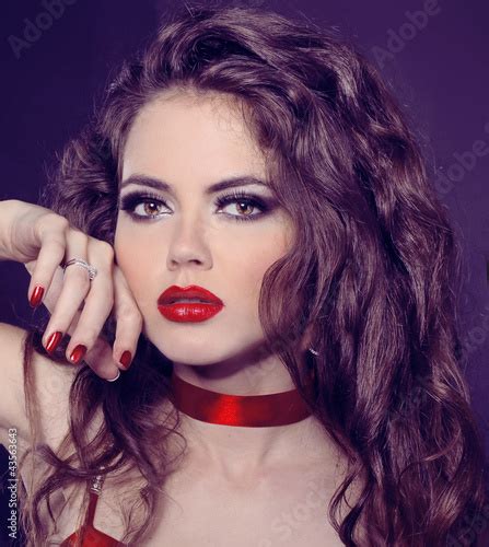 Beautiful Fashion Woman Model With Red Lips And Curly Hair Stock