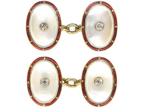 Art Deco 18ct Gold Red Enamel Mother Of Pearl And Diamond Oval Shaped