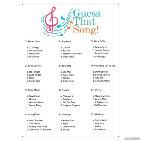 Name That Song Games Printable - Printabler.com