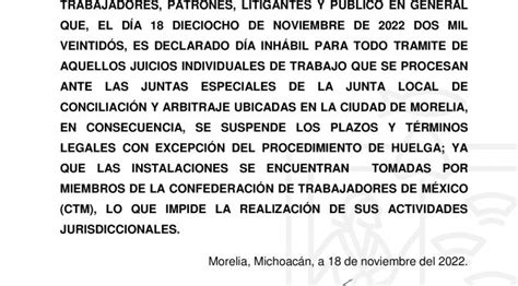 JLCA 18 de noviembre de 2022 declarado día inhábil en las juntas