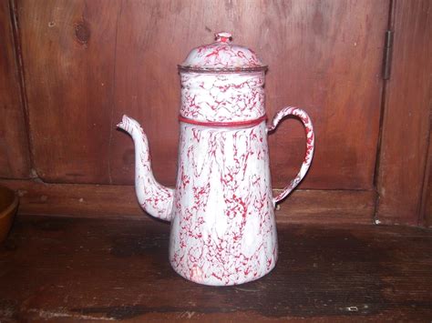 OLD ORIGINAL RARE RED WHITE SWIRL GRANITEWARE COFFEE POT W