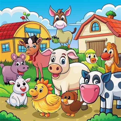 Una Ilustraci N De Dibujos Animados De Una Granja Con Una Vaca Y Una