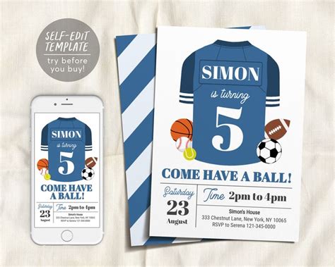 Editable Sports Birthday Invitation Template Sports Theme Birthday