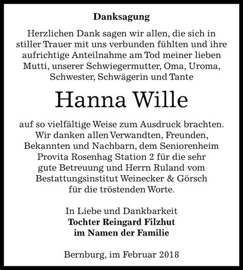 Traueranzeigen Von Hanna Wille Abschied Nehmen De