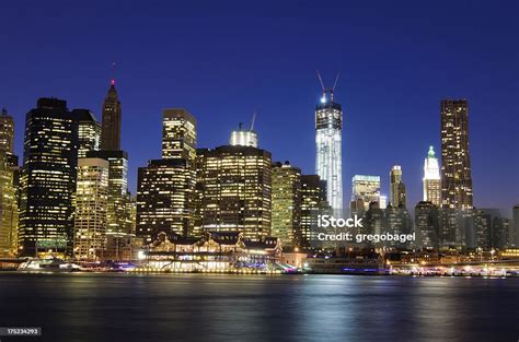 Skyscrapers Of Lower Manhattan In New York City At Night Stock Photo