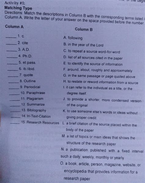 Directions Match The Descriptions In Column B With The Corresponding