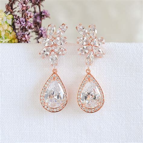 Rose Gold Wedding Earrings Crystal Bridal Earrings Flower Etsy