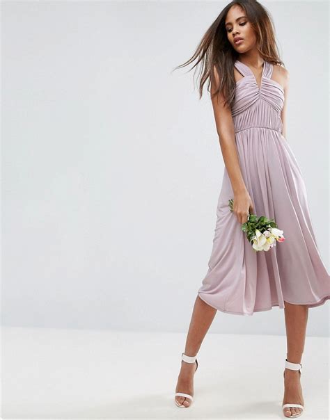 Asos Tall Wedding V Front Ruched Midi Dress Purple Short Bridesmaid