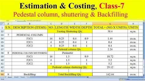 Excel Input For Pedestal Column Shuttering Backfilling Quantity