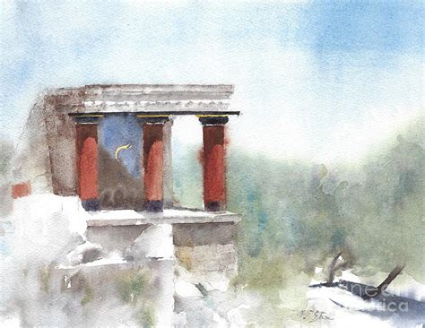 Knossos Palace Greece Watercolor Art Painting By Yulia Shevchenko