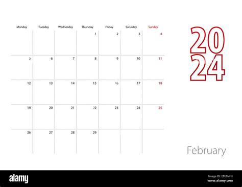 Calendrier pour février 2024 en design moderne modèle de planificateur
