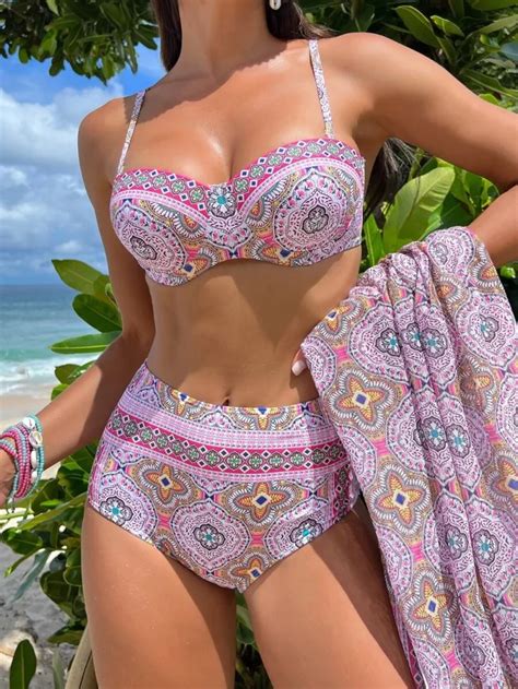 Allover Print Push Up Bikini Swimsuit With Beach Skirt Her Shop Eg