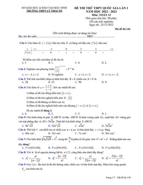 Đề thi thử THPT QG 2023 lần 1 môn Toán trường THPT Lý Thái Tổ Bắc Ninh