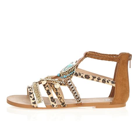 Lyst - River Island Brown Embellished Leopard Print Sandals in Brown