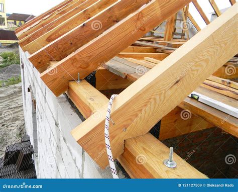 Roofing Construction with Wooden Beams, Logs, Rafters, Trusses. Stock Image - Image of beam ...