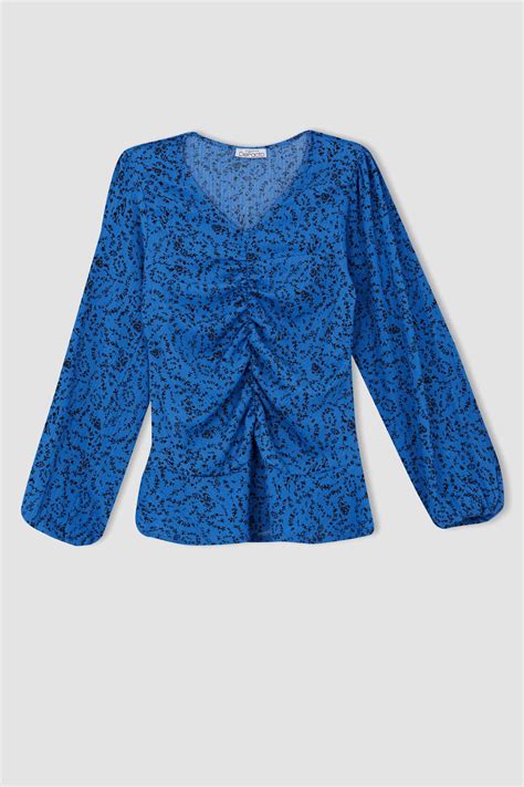 Blue Woman Patterned V Neck Long Sleeve Maternity Top 2672733 Defacto