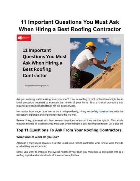 Ppt 11 Important Questions You Must Ask When Hiring A Best Roofing Contractor Powerpoint