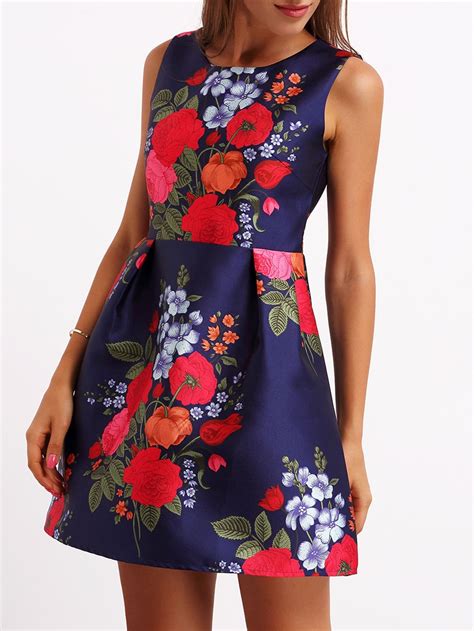 Multicolor Crew Neck Sleeveless Floral Flare Dress Shein Sheinside