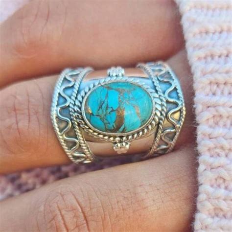 Blue Copper Turquoise Ring Sterling Silver Band Ring Statement