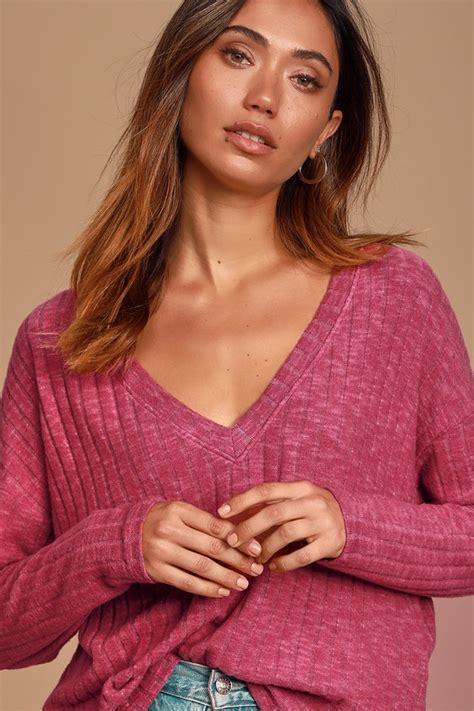 Cute Pink Ribbed Sweater V Neck Sweater Top Lightweight Top Lulus