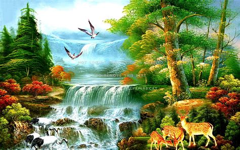 Paradise Waterfalls Painting Forest Deers HD wallpaper | Pxfuel