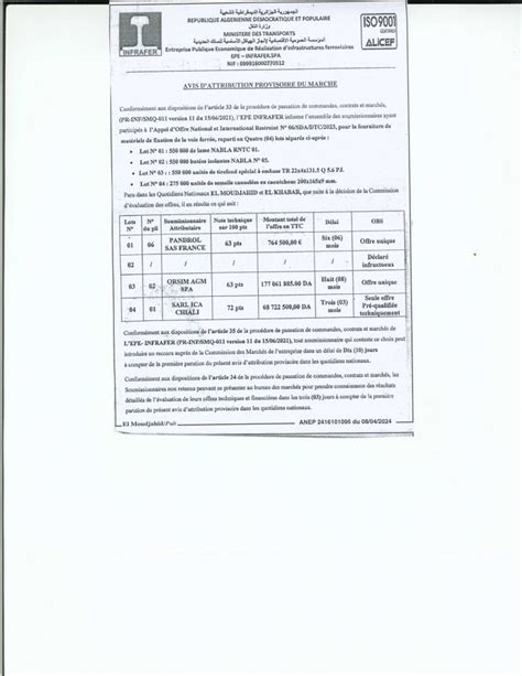 AVIS DATTRIBUTION PROVISOIRE DU MARCHE 2 EPE Infrafer