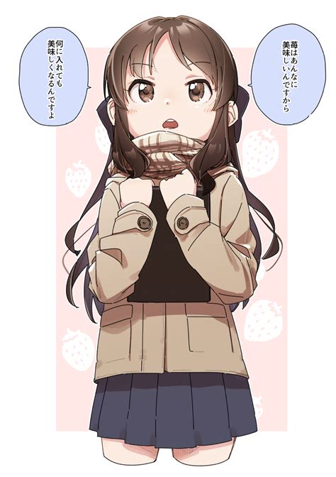 Safebooru 1girl Bangs Black Bow Blue Skirt Blush Bow Brown Eyes Brown Hair Brown Jacket Brown