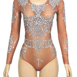 Nude Mesh Rhinestone Leotard Showgirl Performer Bodysuit Etsy