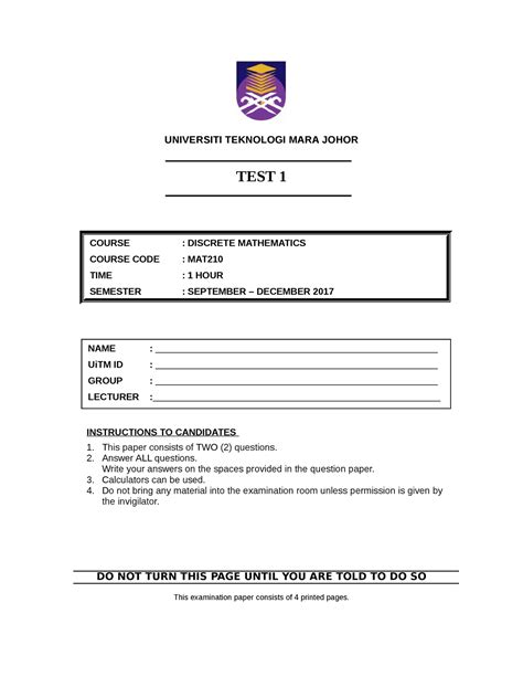 Contoh Test 1 Assessment Universiti Teknologi Mara Johor Test 1